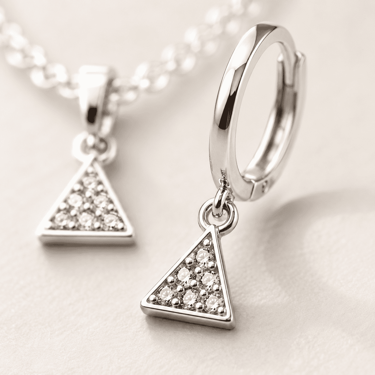 The Art Deco Geometric Set — Silver-Tone Triangle Pendant Set by House of Zena, close-up detail