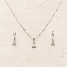 The Art Deco Geometric Set — Silver-Tone Triangle Pendant Set by House of Zena, worn on model