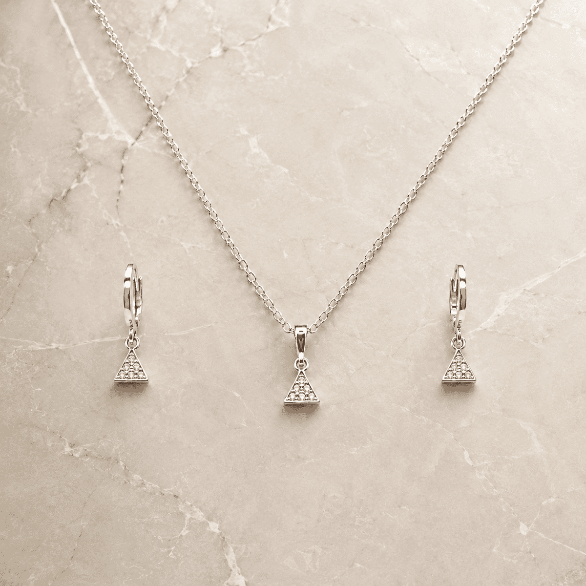 The Art Deco Geometric Set — Silver-Tone Triangle Pendant Set by House of Zena, side angle