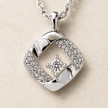 The Sugar Cube Solitaire Set — Gold Plated Square Pendant Set by House of Zena, styled on model