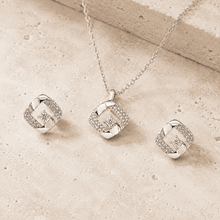The Sugar Cube Solitaire Set — Gold Plated Square Pendant Set by House of Zena, worn on model