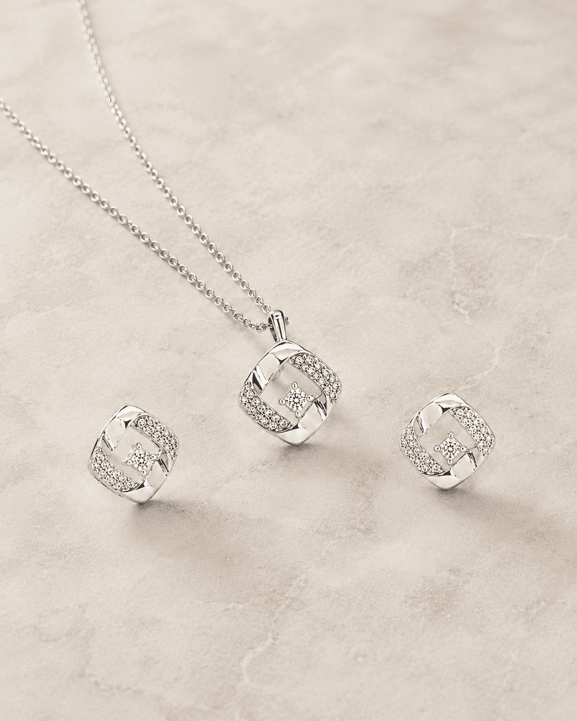 The Sugar Cube Solitaire Set — Gold Plated Square Pendant Set by House of Zena, side angle