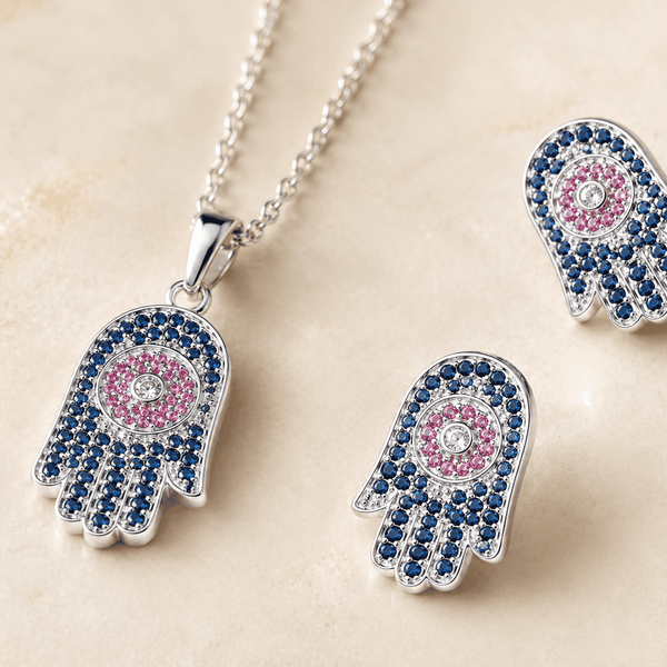 The "Good Karma Only" Hamsa Set — Silver-Tone Hamsa Pendant Set by House of Zena, styled on model — Anti-Tarnish Waterproof Jewellery | House of Zena