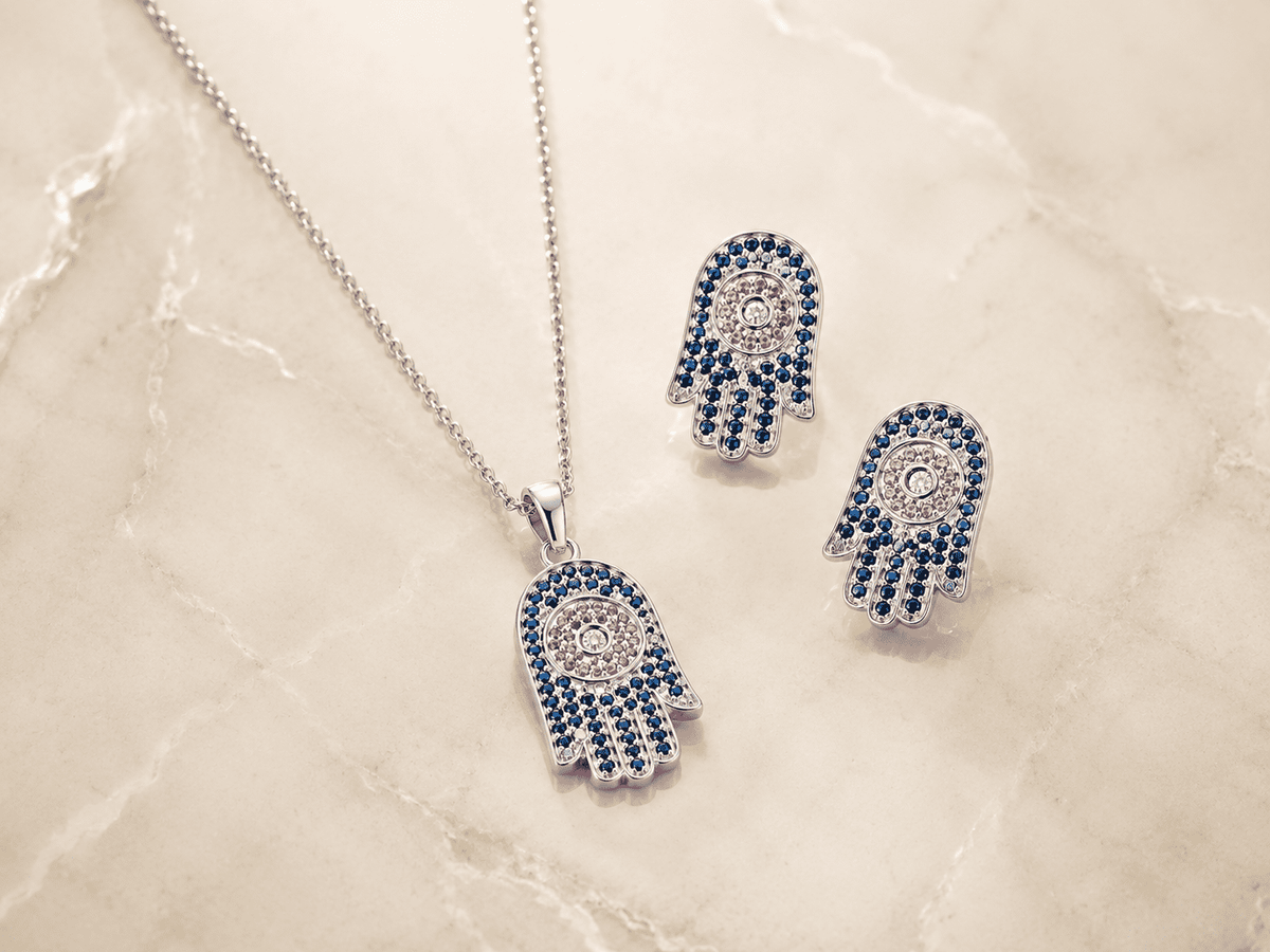 The "Good Karma Only" Hamsa Set — Silver-Tone Hamsa Pendant Set by House of Zena, side angle