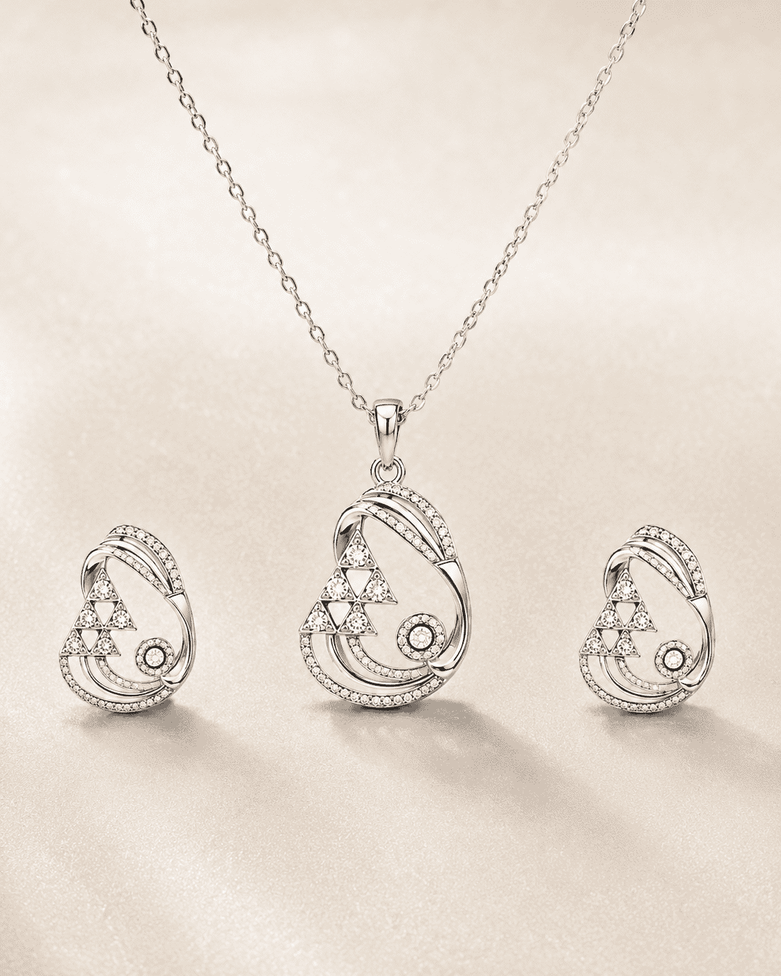 The Great Gatsby Cocktail Set — Silver-Tone Geometric Pendant Set by House of Zena, worn on model