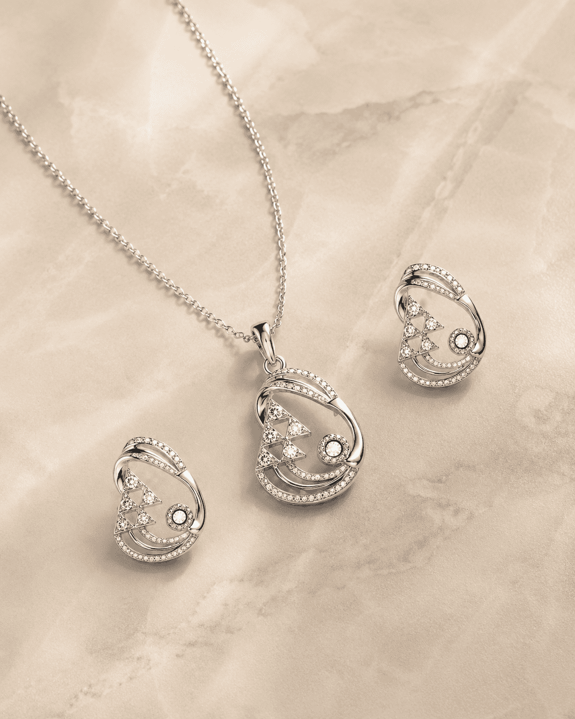 The Great Gatsby Cocktail Set — Silver-Tone Geometric Pendant Set by House of Zena, close-up detail
