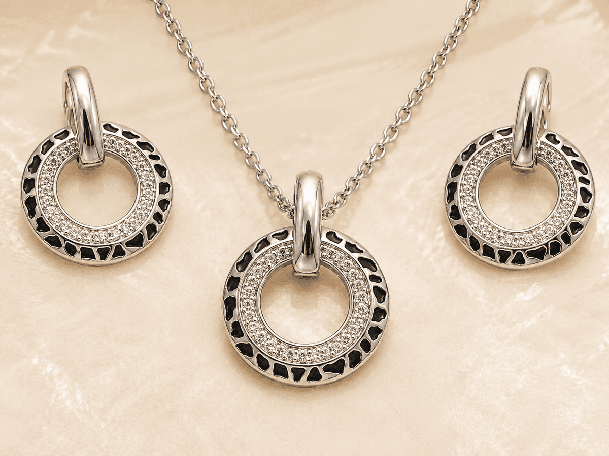 The Black Truffle Midnight Set — Silver-Tone Halo Pendant Set by House of Zena, close-up detail
