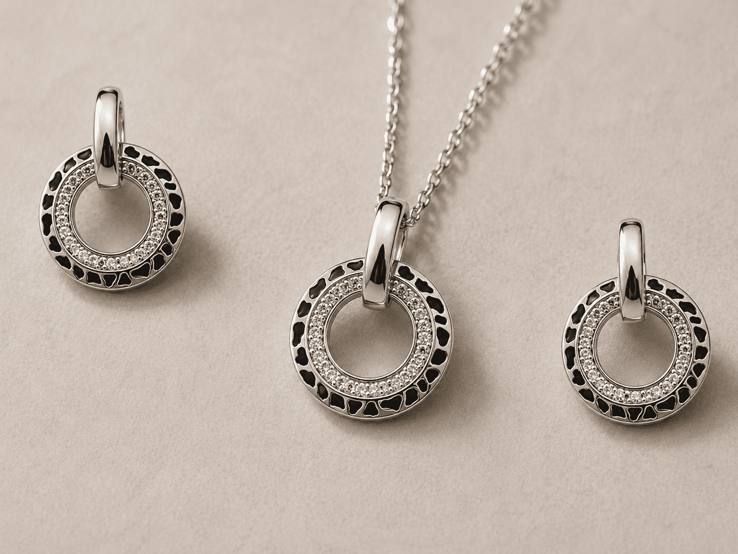 The Black Truffle Midnight Set — Silver-Tone Halo Pendant Set by House of Zena, styled on model — Anti-Tarnish Waterproof Jewellery | House of Zena
