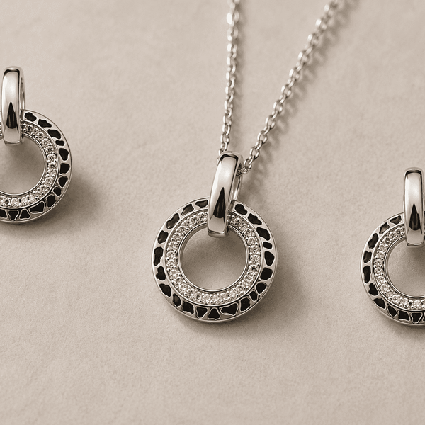 The Black Truffle Midnight Set — Silver-Tone Halo Pendant Set by House of Zena, styled on model — Anti-Tarnish Waterproof Jewellery | House of Zena