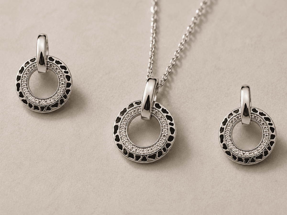 The Black Truffle Midnight Set — Silver-Tone Halo Pendant Set by House of Zena, styled on model