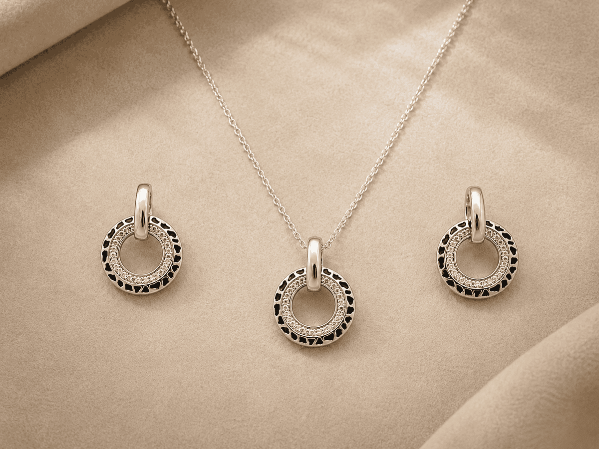 The Black Truffle Midnight Set — Silver-Tone Halo Pendant Set by House of Zena, side angle