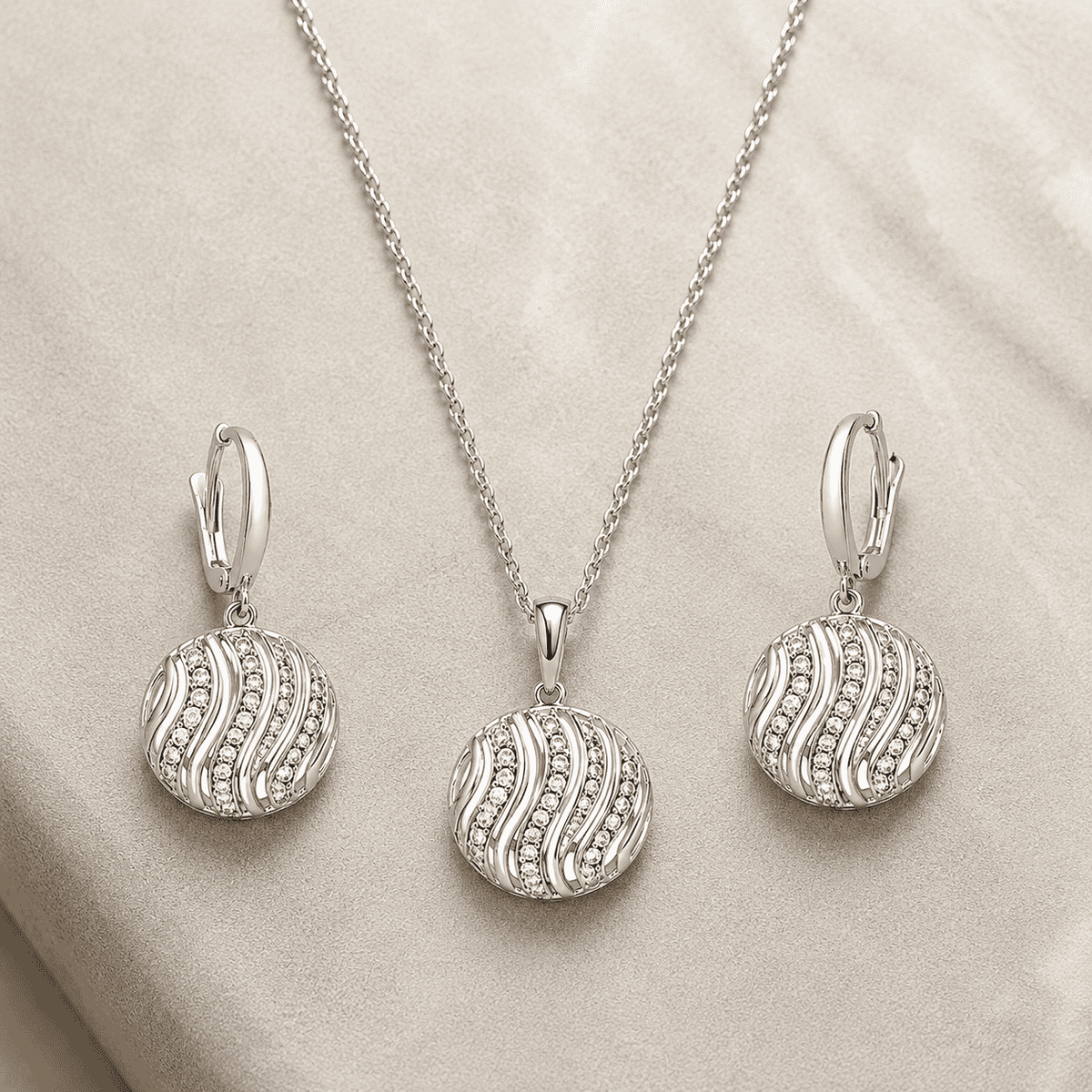 The Golden Hour Ripple Set — Silver-Tone Wave Pendant Set by House of Zena, side angle