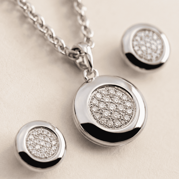 The Mooncake Pearl Glow Set — Silver-Tone Glow Pendant Set by House of Zena, styled on model — Anti-Tarnish Waterproof Jewellery | House of Zena