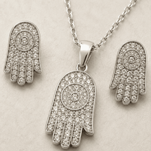 The "Holy Grail" Protection Set — Gold Plated Hamsa Pendant Set by House of Zena, styled on model