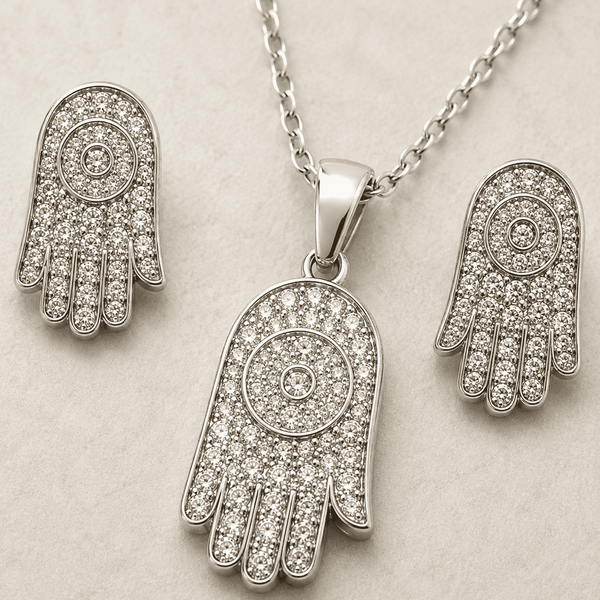 The "Holy Grail" Protection Set — Gold Plated Hamsa Pendant Set by House of Zena, styled on model — Anti-Tarnish Waterproof Jewellery | House of Zena