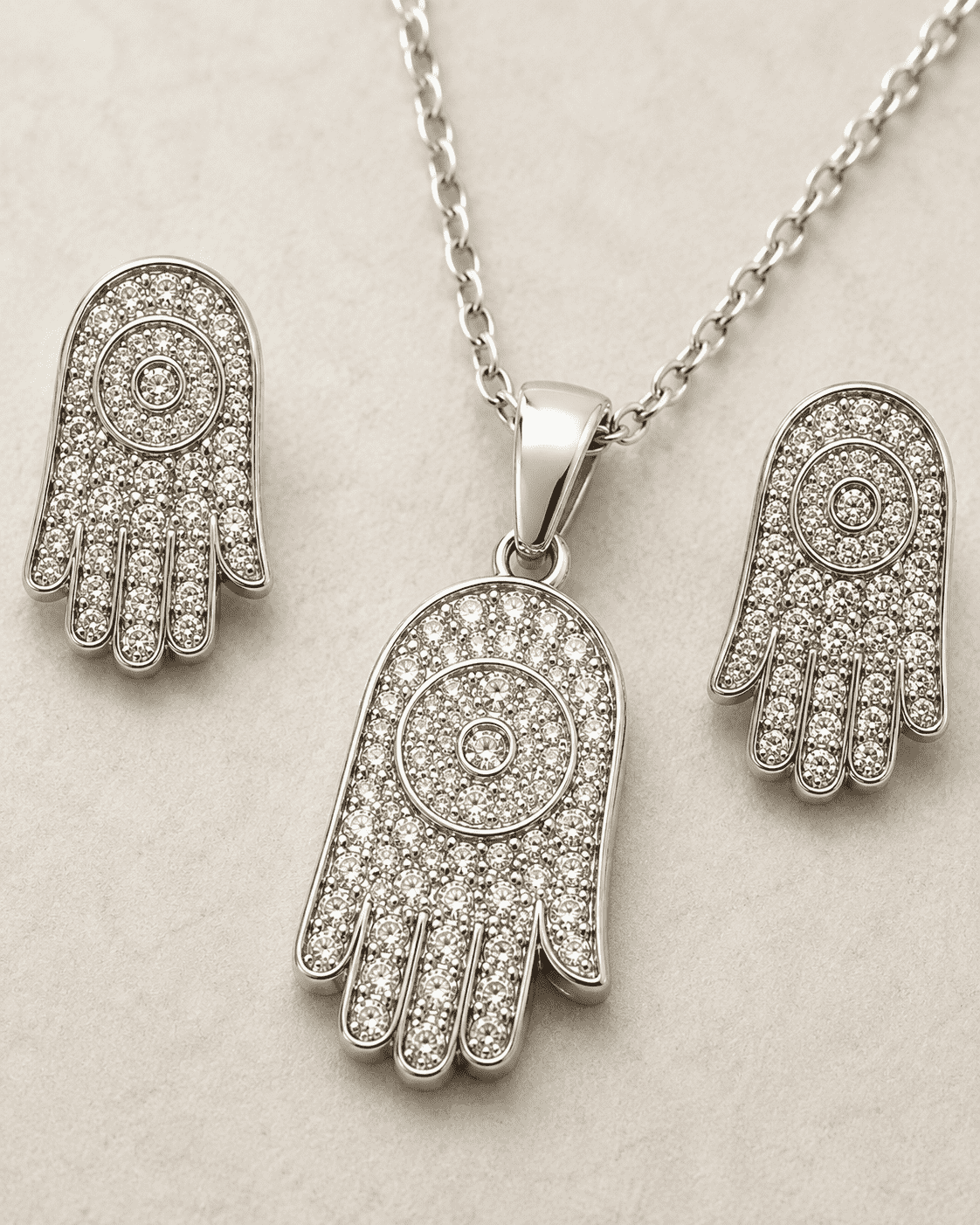 The "Holy Grail" Protection Set — Gold Plated Hamsa Pendant Set by House of Zena, styled on model