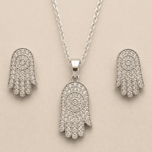 The "Holy Grail" Protection Set — Gold Plated Hamsa Pendant Set by House of Zena, worn on model