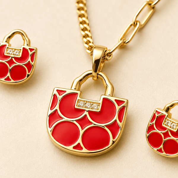 The Red Velvet Romance Set — Gold Plated Luxe Charm Pendant Set by House of Zena, styled on model — Anti-Tarnish Waterproof Jewellery | House of Zena