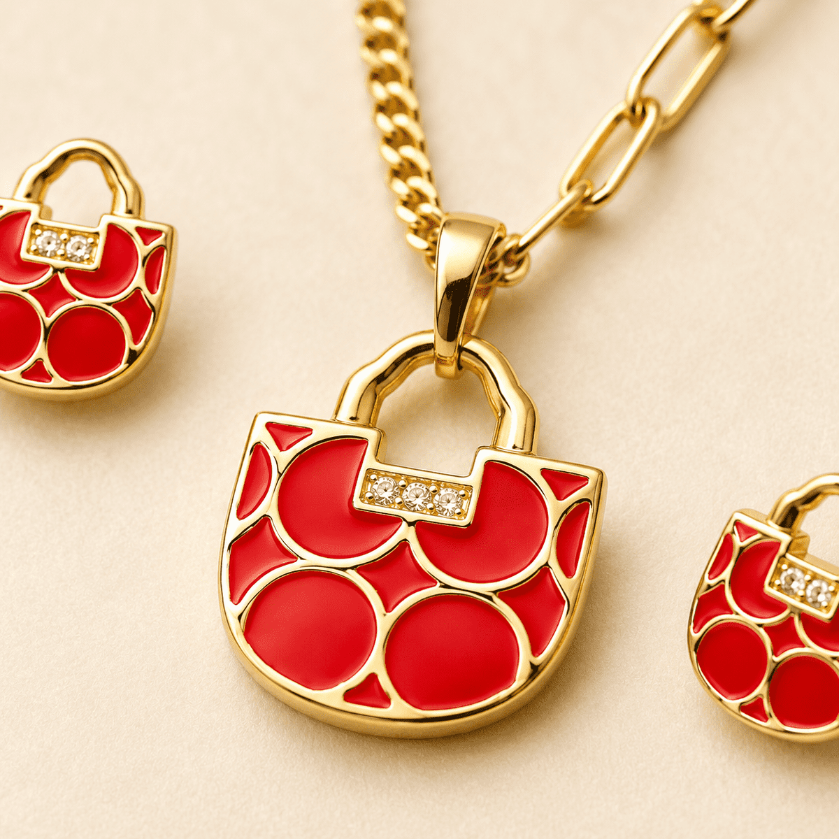 The Red Velvet Romance Set — Gold Plated Luxe Charm Pendant Set by House of Zena, styled on model
