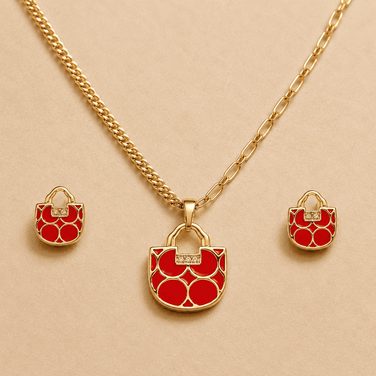 The Red Velvet Romance Set — Gold Plated Luxe Charm Pendant Set by House of Zena, side angle