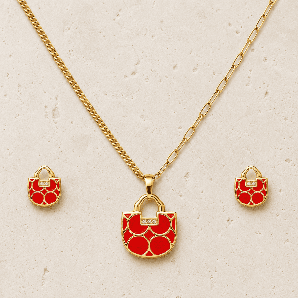 The Red Velvet Romance Set — Gold Plated Luxe Charm Pendant Set by House of Zena, worn on model