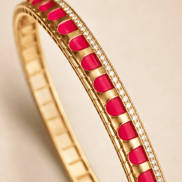 The Cherry Syrup Line Bangle — Gold Plated Line Bangle by House of Zena, styled on model — Anti-Tarnish Waterproof Jewellery | House of Zena