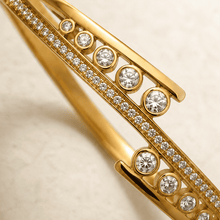 The Celestial Orbit Open Cuff — Gold Plated Orbit Bangle by House of Zena, styled on model