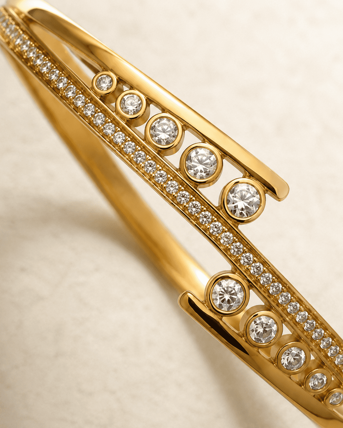 The Celestial Orbit Open Cuff — Gold Plated Orbit Bangle by House of Zena, styled on model