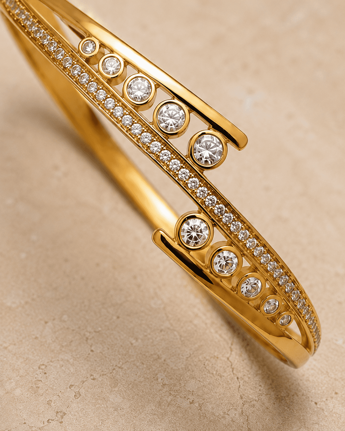 The Celestial Orbit Open Cuff — Gold Plated Orbit Bangle by House of Zena, side angle