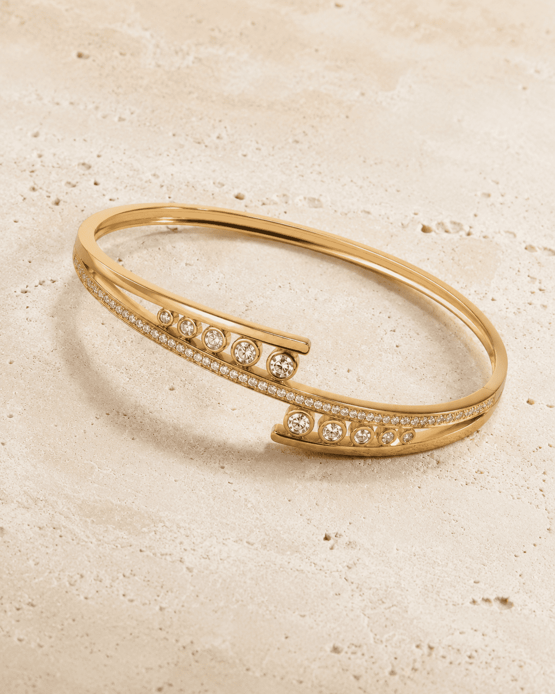 The Celestial Orbit Open Cuff — Gold Plated Orbit Bangle by House of Zena, flat lay