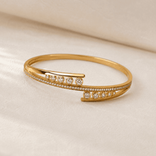 The Celestial Orbit Open Cuff — Gold Plated Orbit Bangle by House of Zena, worn on model