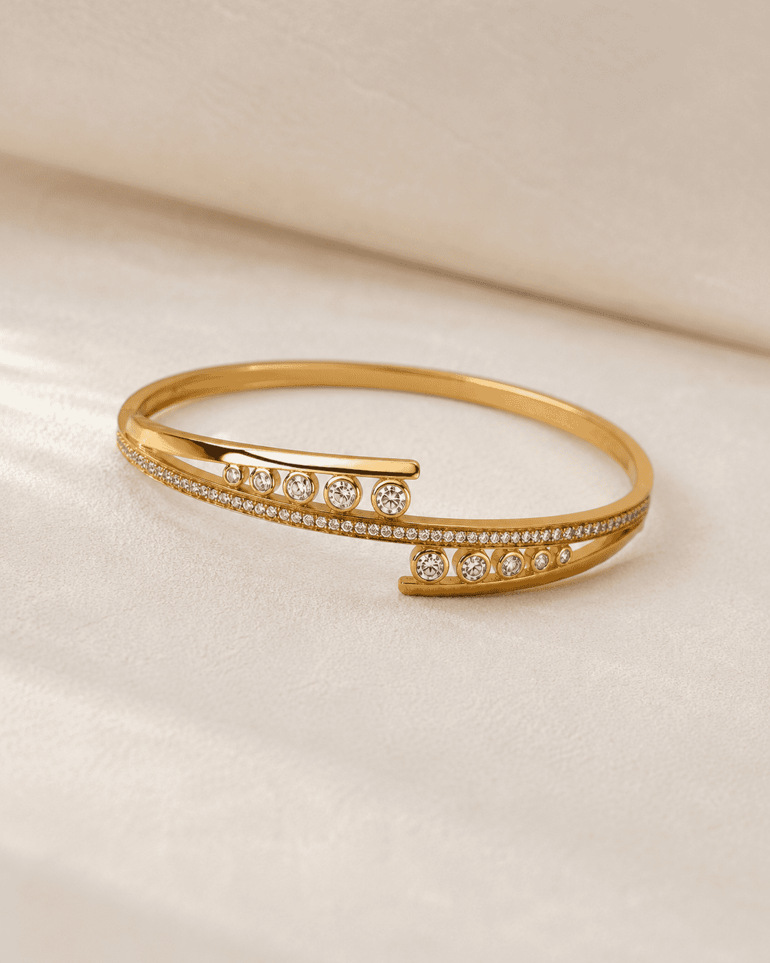The Celestial Orbit Open Cuff — Gold Plated Orbit Bangle by House of Zena, worn on model