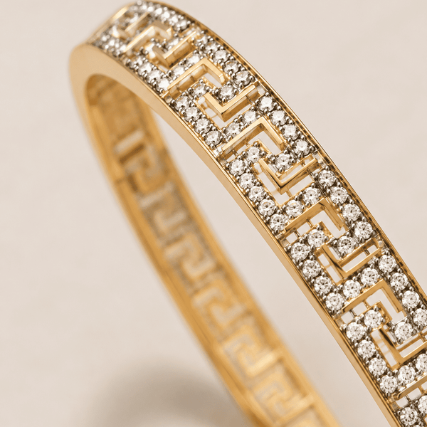 The Labyrinth Gold Cuff — Gold Plated Maze Bangle by House of Zena, styled on model — Anti-Tarnish Waterproof Jewellery | House of Zena