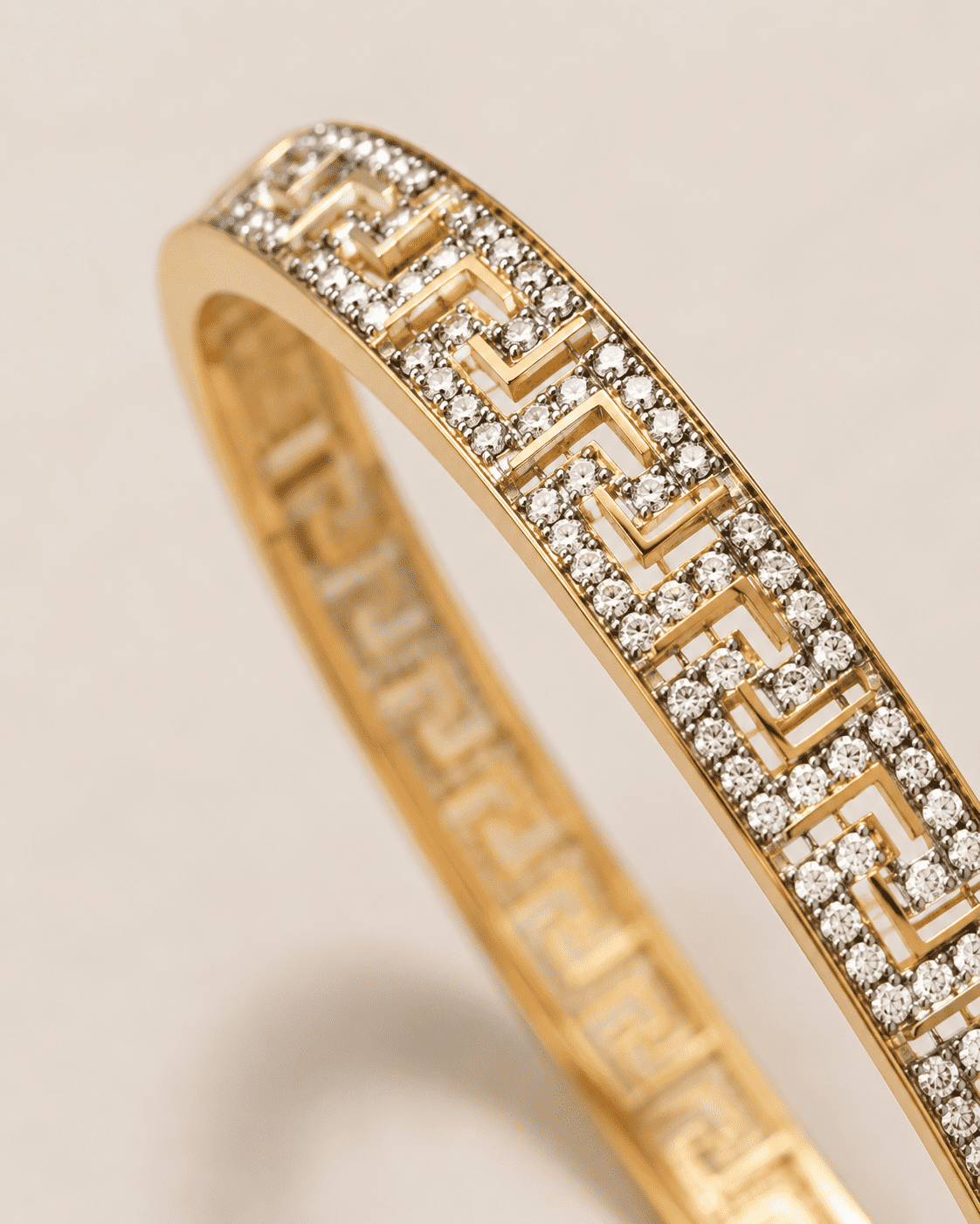 The Labyrinth Gold Cuff — Gold Plated Maze Bangle by House of Zena, styled on model
