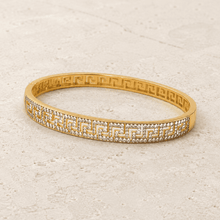 The Labyrinth Gold Cuff — Gold Plated Maze Bangle by House of Zena, worn on model