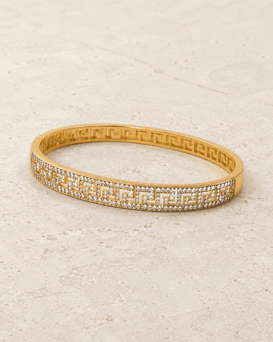 The Labyrinth Gold Cuff — Gold Plated Maze Bangle by House of Zena, worn on model