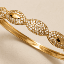 The Olive Leaf Open Cuff — Gold Plated Marquise Bangle by House of Zena, styled on model