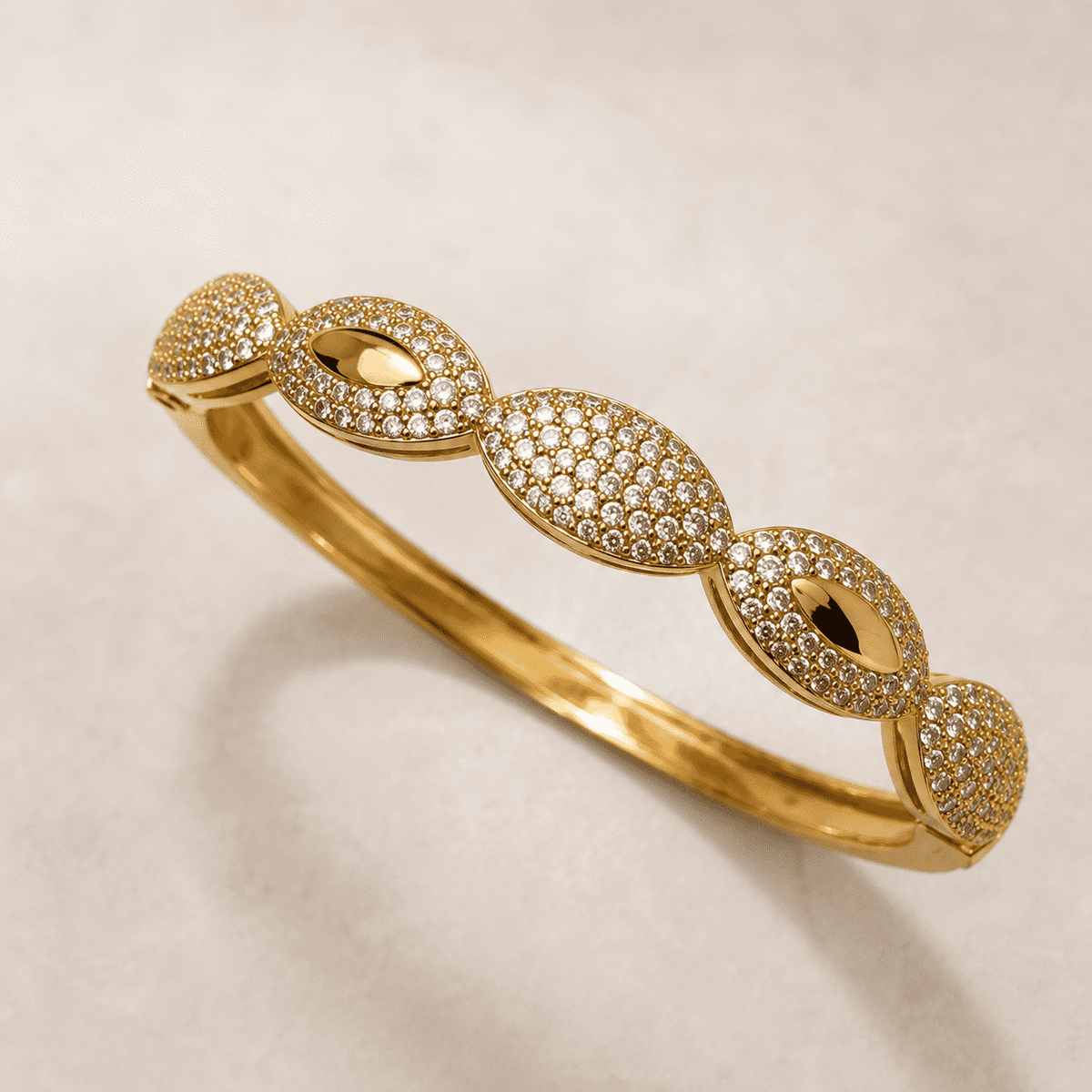 The Olive Leaf Open Cuff — Gold Plated Marquise Bangle by House of Zena, close-up detail