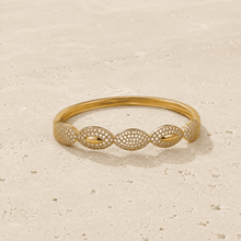 The Olive Leaf Open Cuff — Gold Plated Marquise Bangle by House of Zena, worn on model