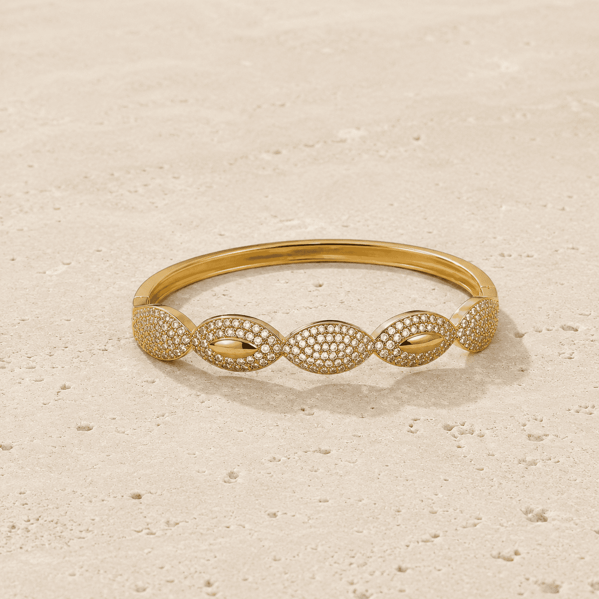 The Olive Leaf Open Cuff — Gold Plated Marquise Bangle by House of Zena, worn on model