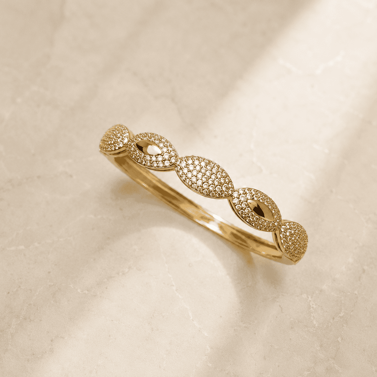 The Olive Leaf Open Cuff — Gold Plated Marquise Bangle by House of Zena, side angle