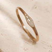 The "Locked In" Hinge Bangle — Gold Plated Lock Bangle by House of Zena, worn on model