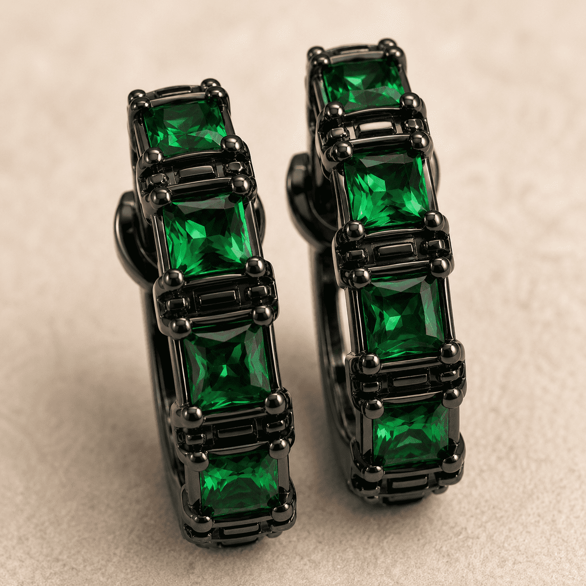 The Pistachio Truffle Hoops — Gold Plated Emerald Noir Hoop Earrings by House of Zena, close-up detail