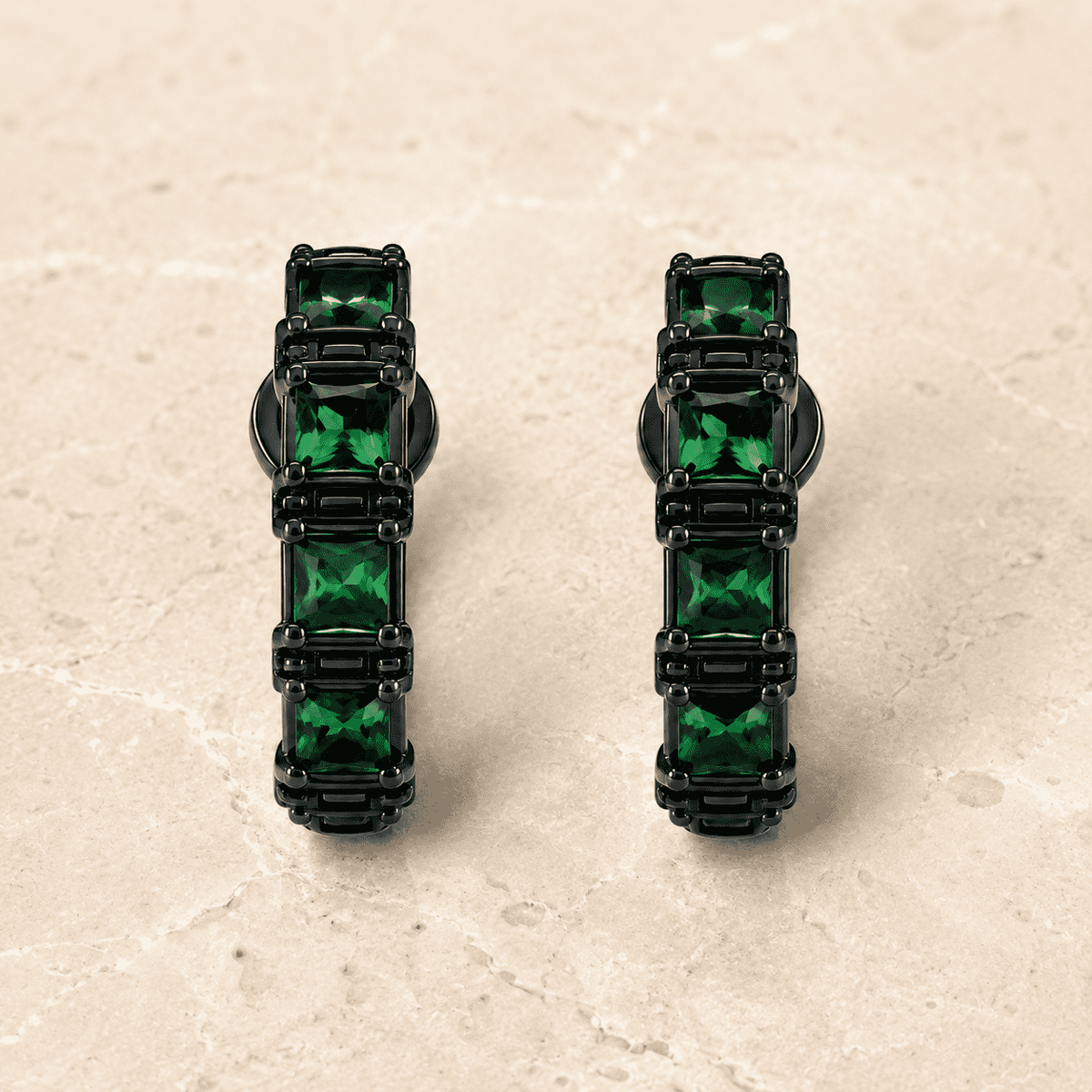 The Pistachio Truffle Hoops — Gold Plated Emerald Noir Hoop Earrings by House of Zena, side angle