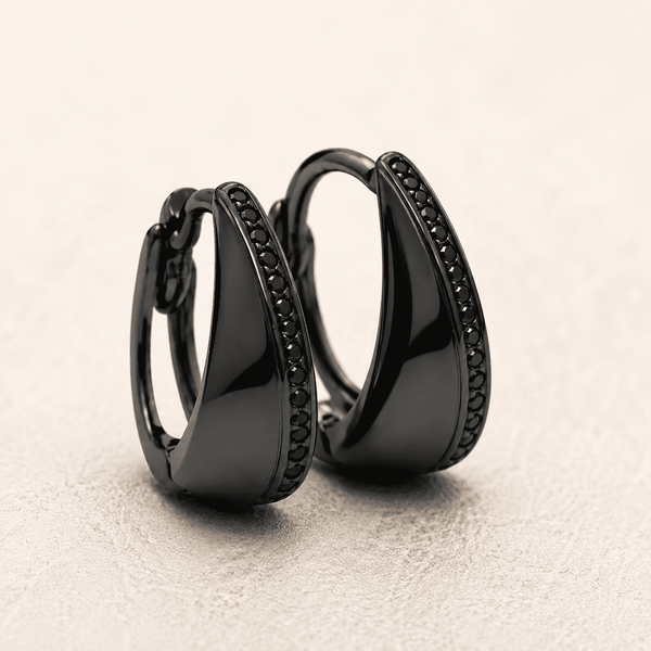 The Tuxedo Edge Hoops — Gold Plated Edge Hoop Earrings by House of Zena, styled on model — Anti-Tarnish Waterproof Jewellery | House of Zena