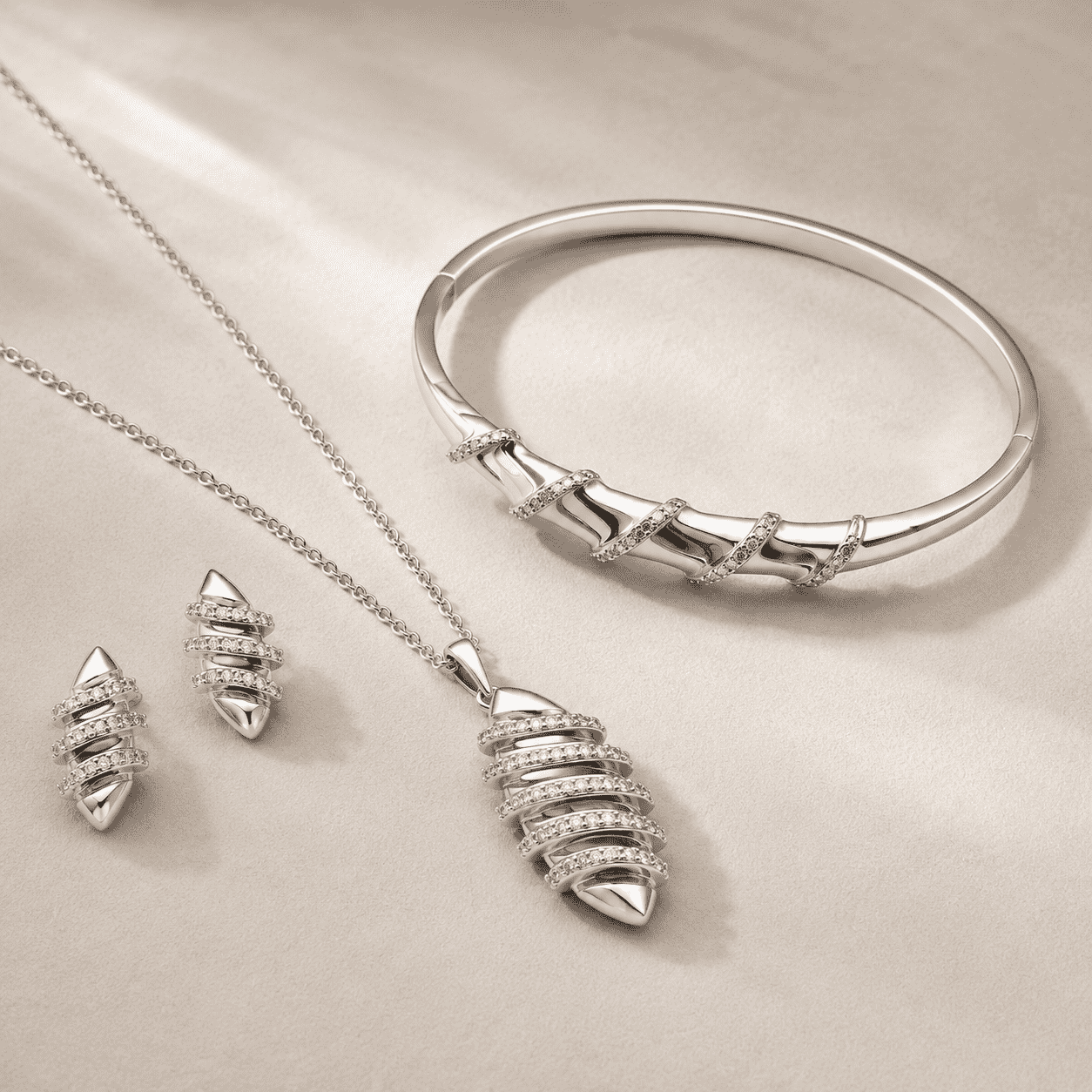 The "Rich Auntie" 3-Piece Power Set — Silver-Tone Wave 3-Piece Jewellery Set by House of Zena, styled on model — Anti-Tarnish Waterproof Jewellery | House of Zena