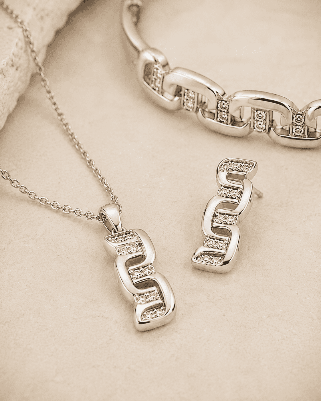 The "Boardroom Boss" 3-Piece Power Set — Silver-Tone Link 3-Piece Jewellery Set by House of Zena, styled on model