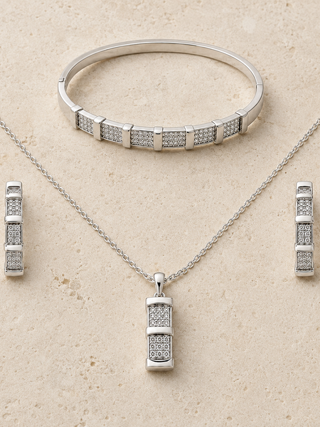 Nova Grid Jewellery Set
Includes
Pendant Necklace
Statement Bracelet
Matching Earrings