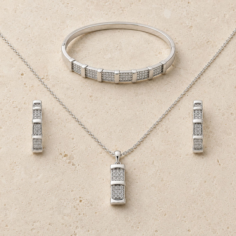Nova Grid Jewellery Set
Includes
Pendant Necklace
Statement Bracelet
Matching Earrings