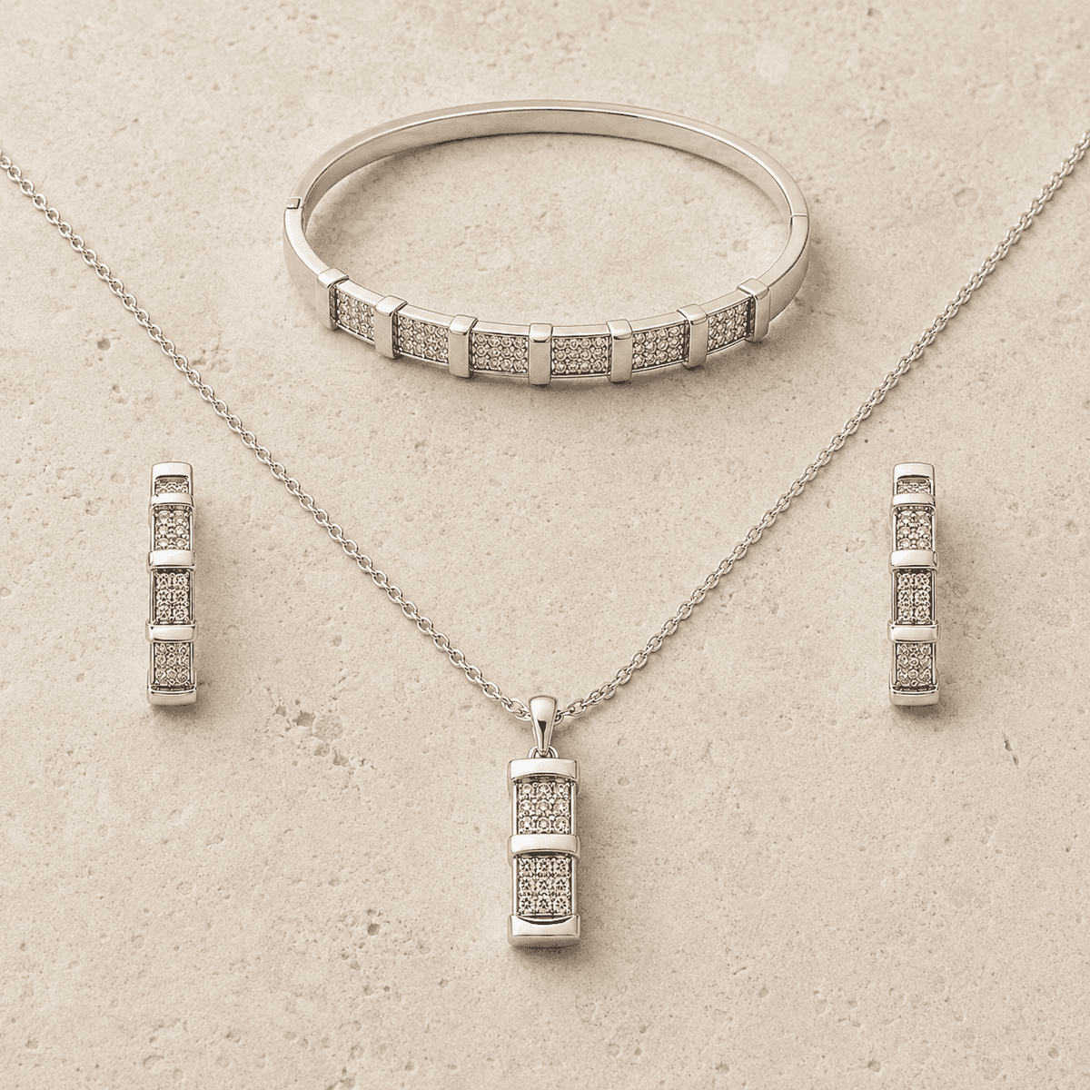 The "Out of Office" 3-Piece Power Set — Silver-Tone Grid 3-Piece Jewellery Set by House of Zena, worn on model